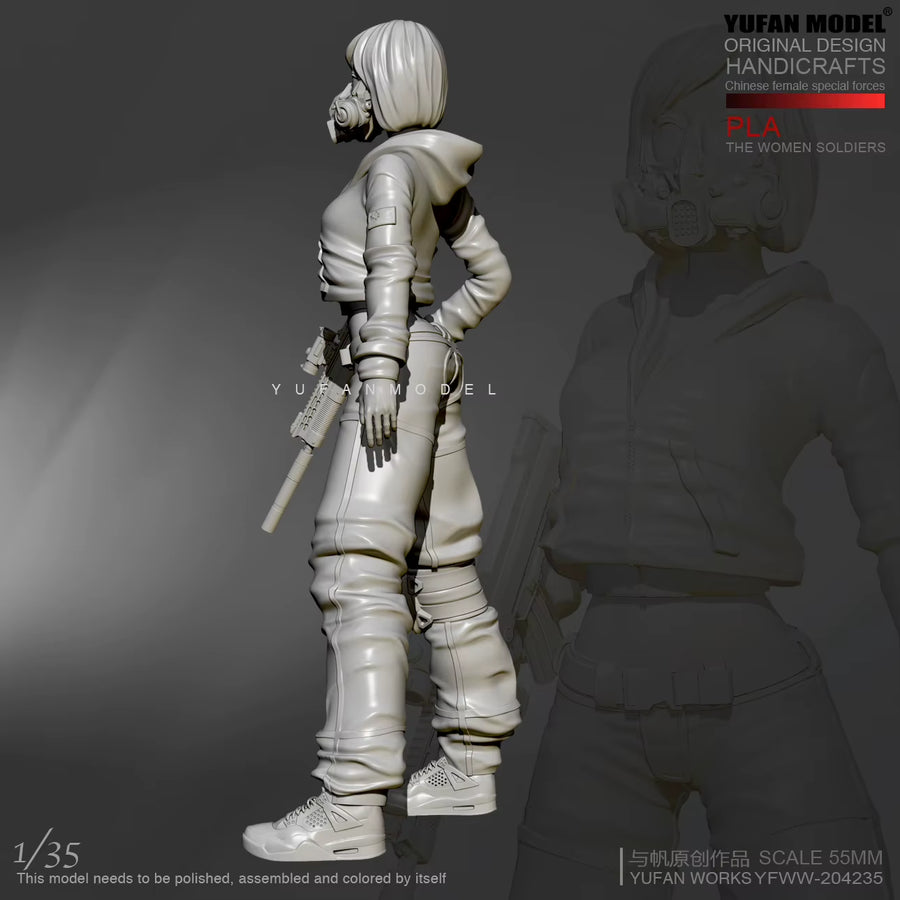 Modern Female Tactical Operator with Gas Mask & Rifle 1/35 Resin Figure Kit - resin model view 4