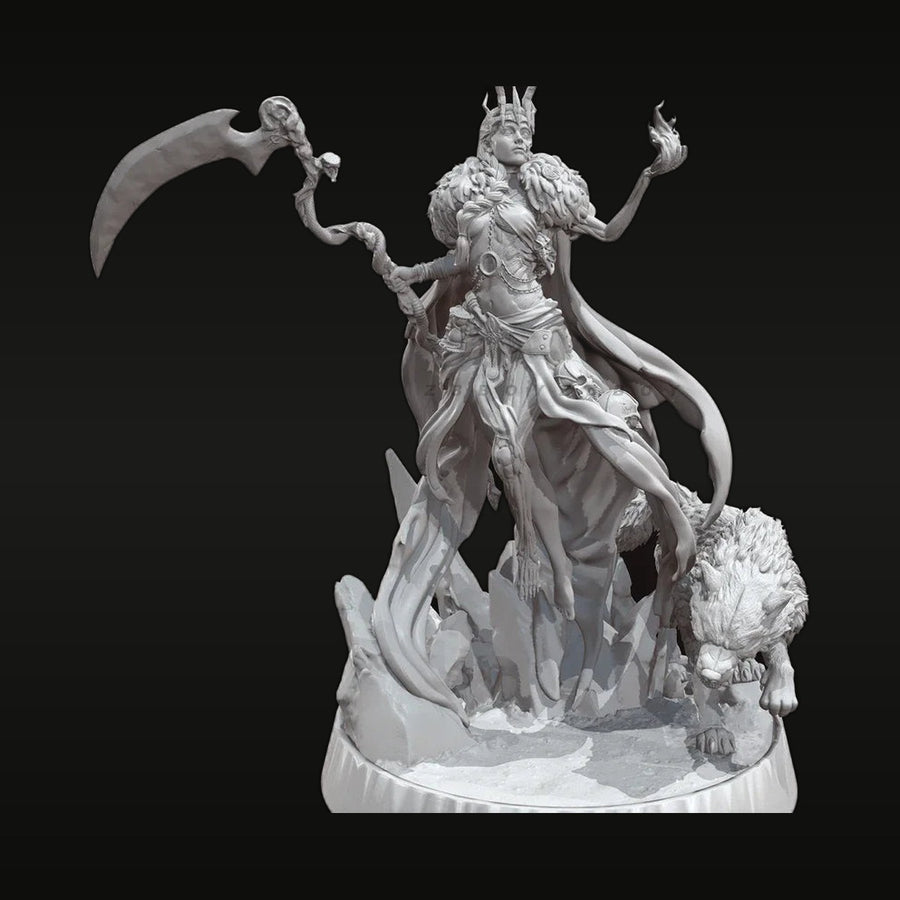 Fantasy Demon Sorceress with Scythe and Beast Companion Diorama 1/18 Resin Kit - unpainted resin model kit