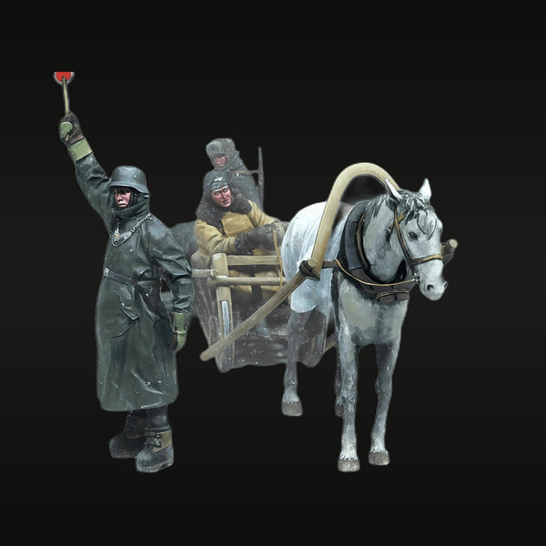 WWII German Traffic Control Eastern Front Winter Scene with Horse Sleigh 1/35 Resin Diorama Kit