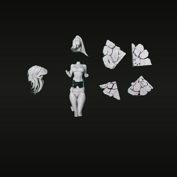 Anime Female Figure with Long Hair and Stone Base 1/24 Resin Kit