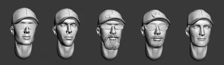 5Pcs Modern Male Heads with Cap & Glasses 1/35 Resin Figure Kit - unpainted resin model kit