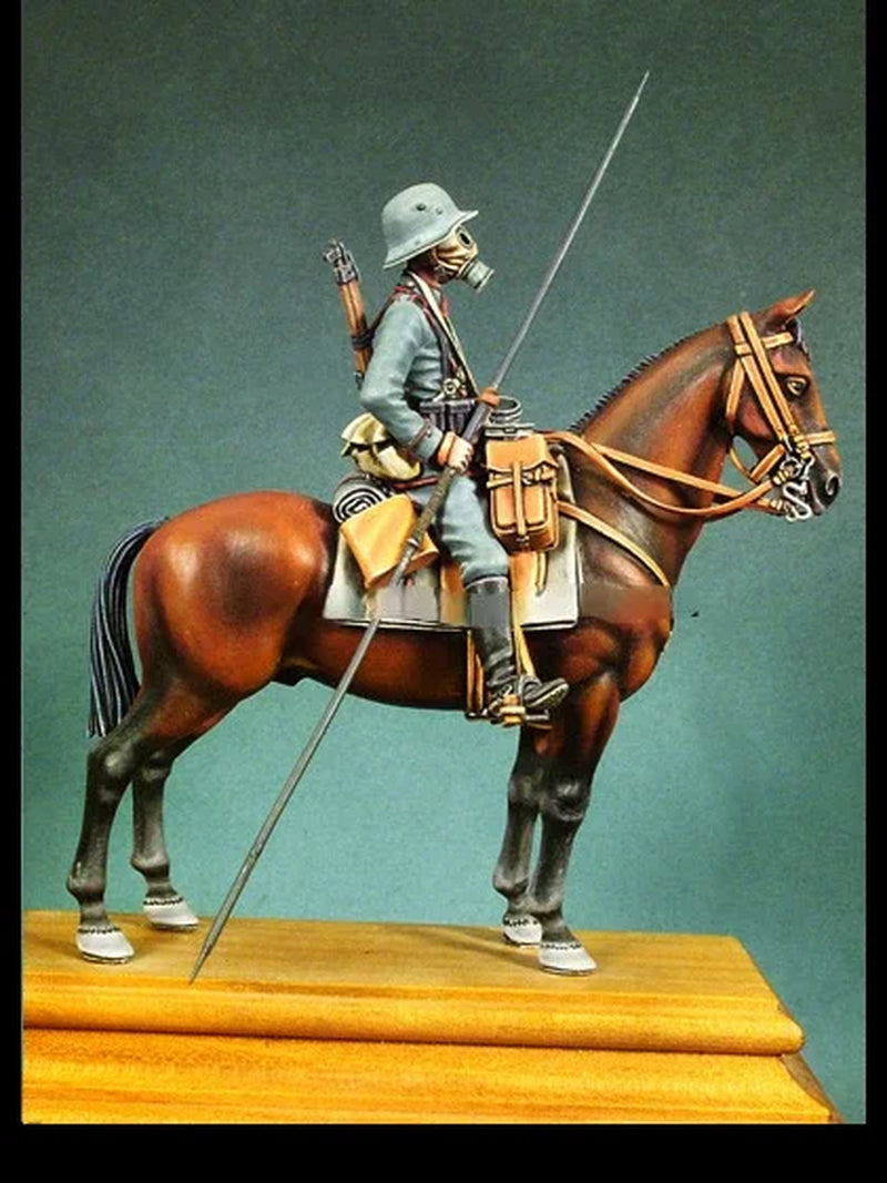 WWI German Cavalry Soldier on Horseback with Gas Mask and Rifle 1/32 Resin Figure Kit - resin model view 2