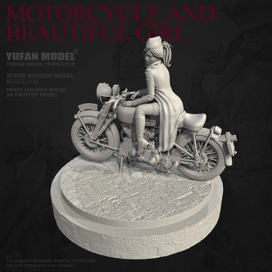 WWII Female Motorcycle Dispatch Rider Classic Cruiser 1/35 Resin Figure Kit - resin model view 2