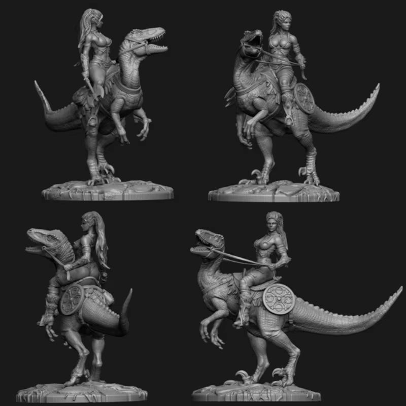 Fantasy Female Warrior on Theropod Dinosaur Mount 54mm Resin Figure Kit - resin model view 2