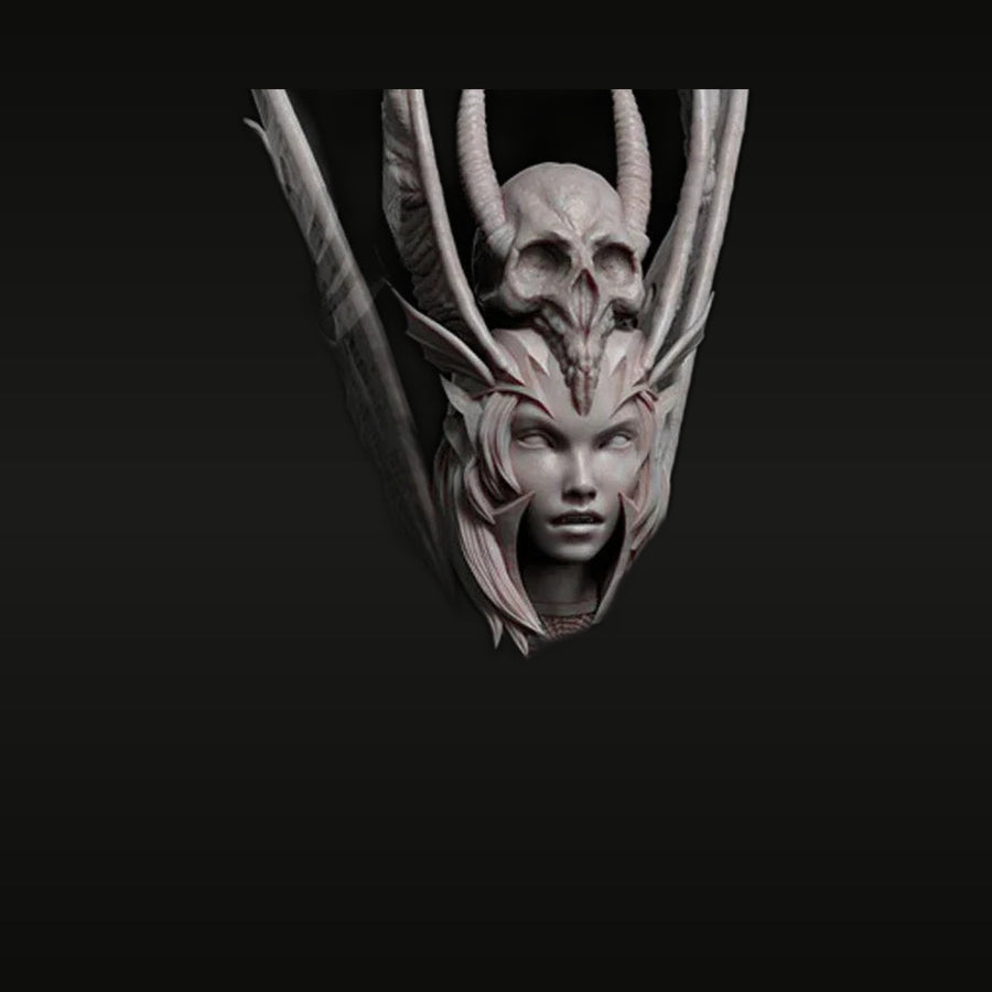 Fantasy Female Demon Sorceress with Horns and Skull Headdress 1/10 Bust - unpainted resin model kit