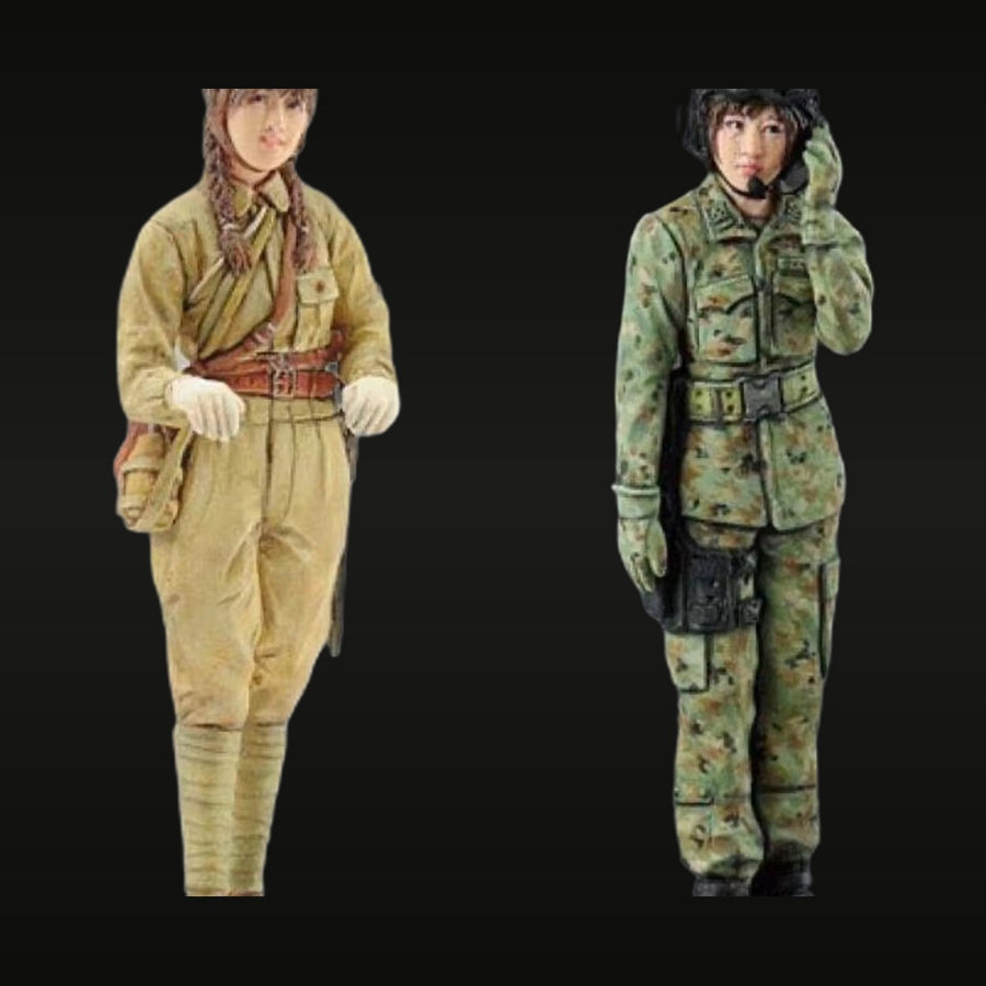 WWII IJA & Modern JGSDF Female Soldier Set 2-Figure Anime Style 1/35 Resin Kit - unpainted resin model kit