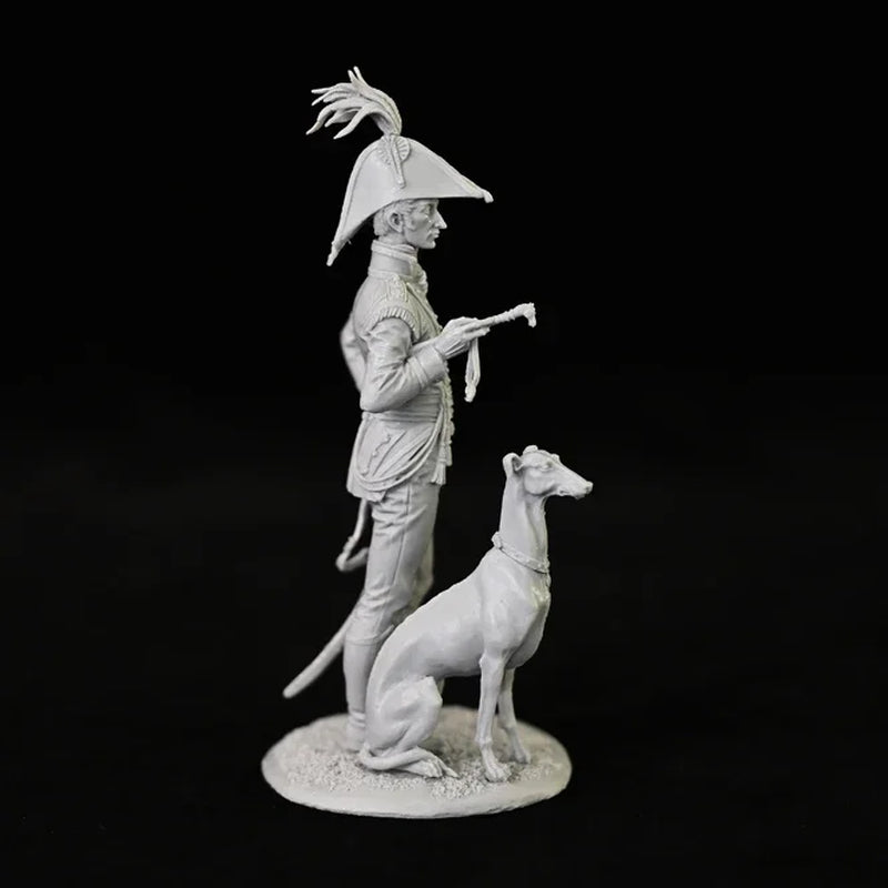 Napoleonic Officer with Plumed Bicorne Hat and Hound 75mm Resin Figure Kit - resin model view 3