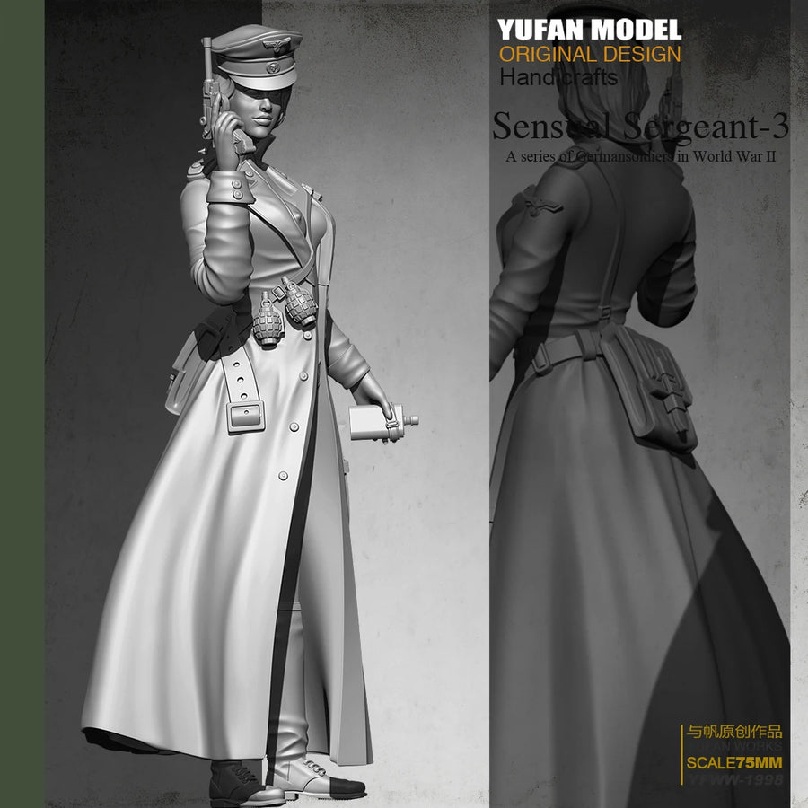 WWII German Female Officer in Long Coat with Grenades 75mm Resin Figure Kit - resin model view 3