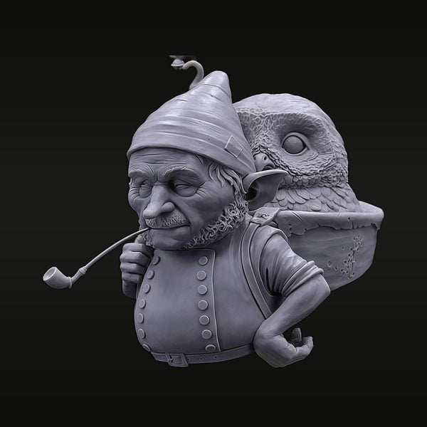 Fantasy Dwarf Wizard with Smoking Pipe & Owl Companion 54mm Resin Bust Set