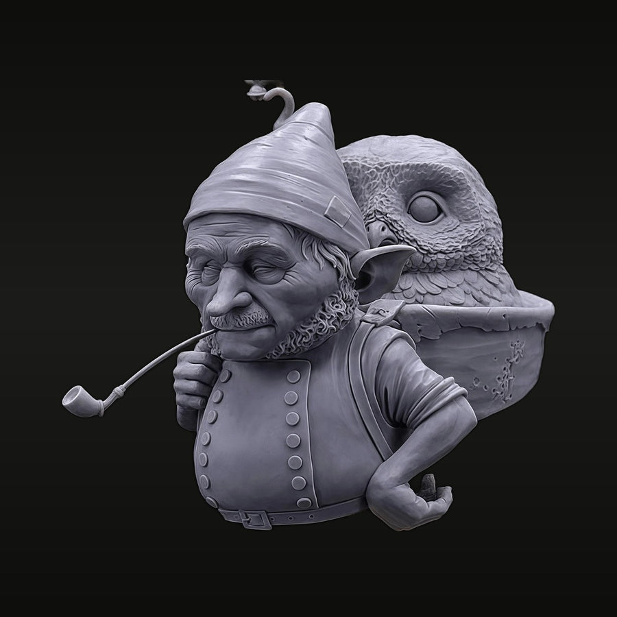 Fantasy Dwarf Wizard with Smoking Pipe & Owl Companion 54mm Resin Bust Set - unpainted resin model kit