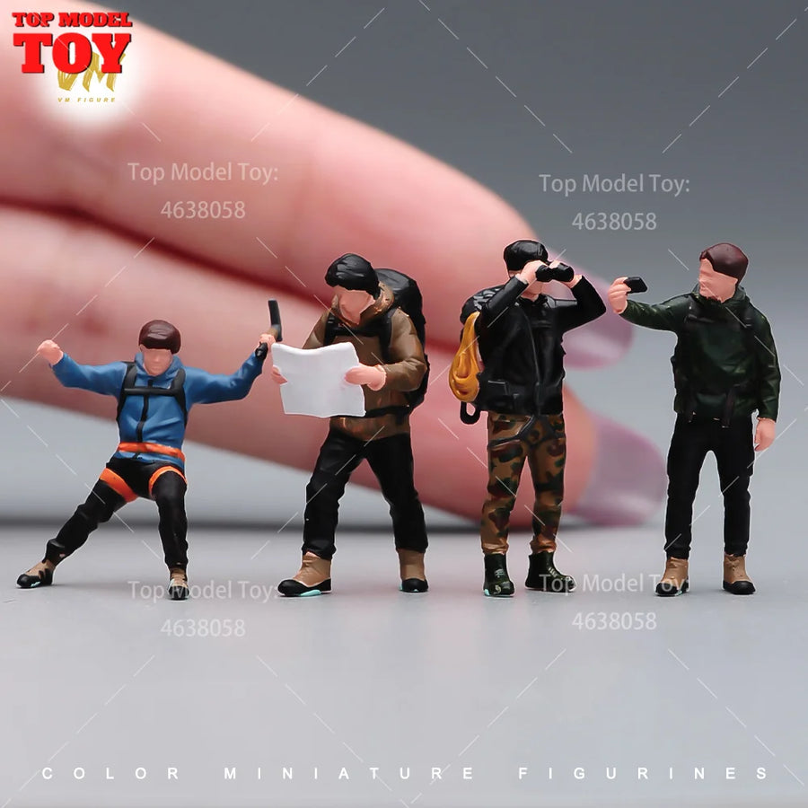 Painted Miniatures 1/64 Outdoor Hiking Rock Climbing Exploration Team Male Scene Figure Doll Unpainted Model for Car Vehicles