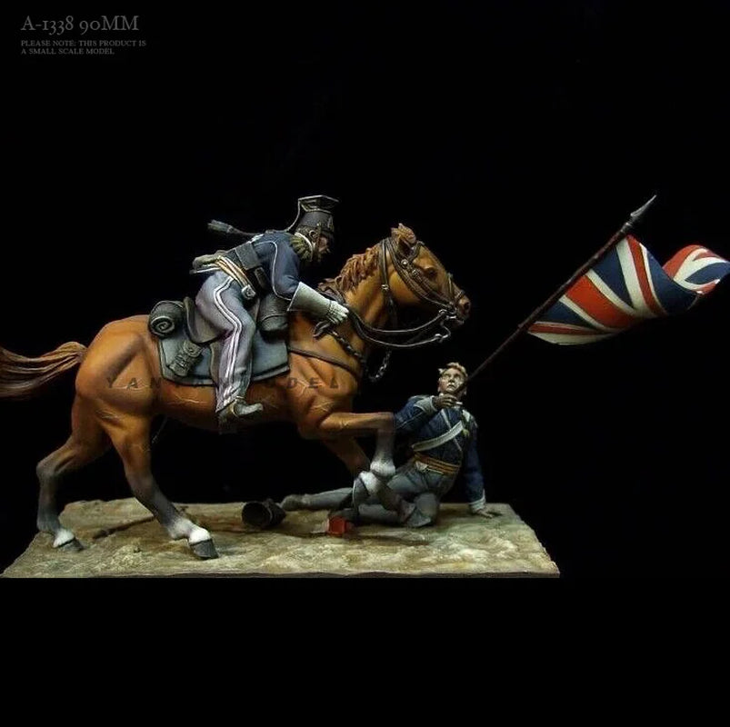 Napoleonic British Cavalry Officer on Horseback with Fallen Flag Bearer 90mm Resin Figure Set - resin model view 3