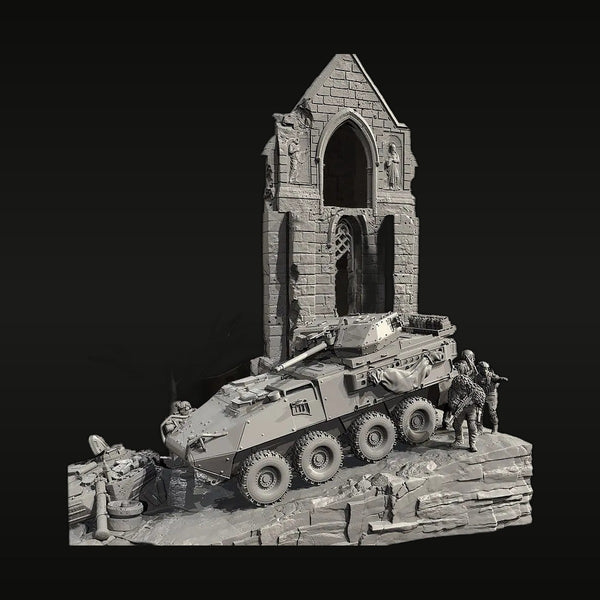 Modern 6-Wheeled APC with Infantry and Ruined Chapel 1/72 Resin Diorama Kit
