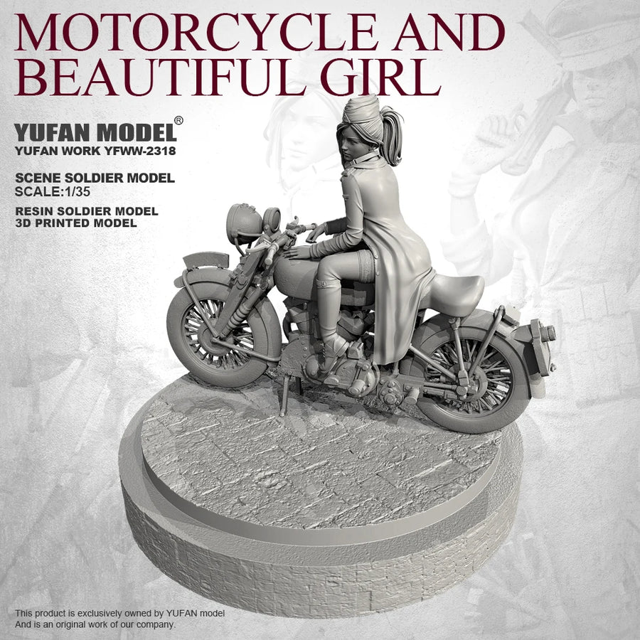 YUFAN MODEL 1/35 Resin Soldier Model Set Colorless and Self-Assembled（ Soldier 1 + Scene Platform + Motorcycle）Yfww-2318+3D
