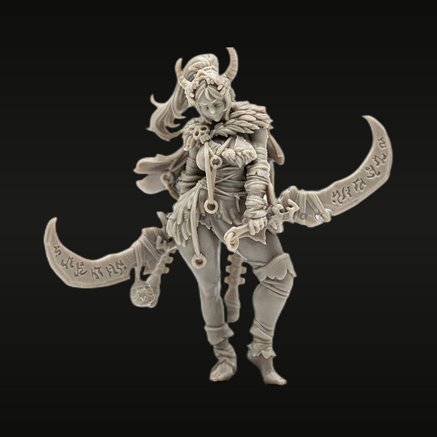 Fantasy Demon Warrior with Dual Curved Blades 38mm Resin Figure - unpainted resin model kit