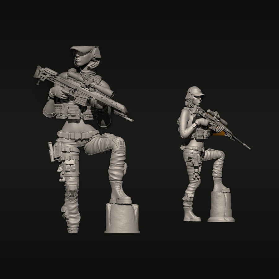 Modern Female Tactical Operators with Rifles 50mm & 28mm Resin Figure Set - unpainted resin model kit