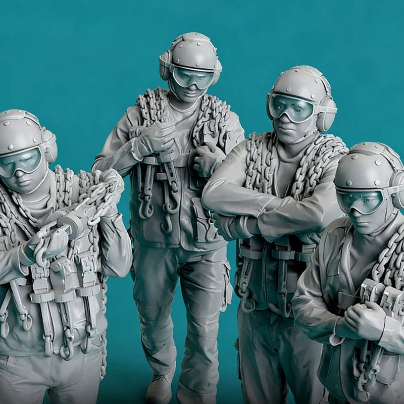 US Navy Aircraft Carrier Deck Crew with Tie-Down Chains 3-Figure Set 54mm Resin Kit - resin model view 3
