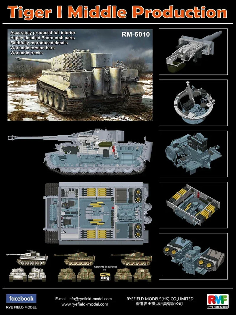 Ryefield Model 1/35 Diy Toys RM-5010 Tiger 1 Heavy Tank Medium Type,(Full Internal Kit)-Scale Model Kit