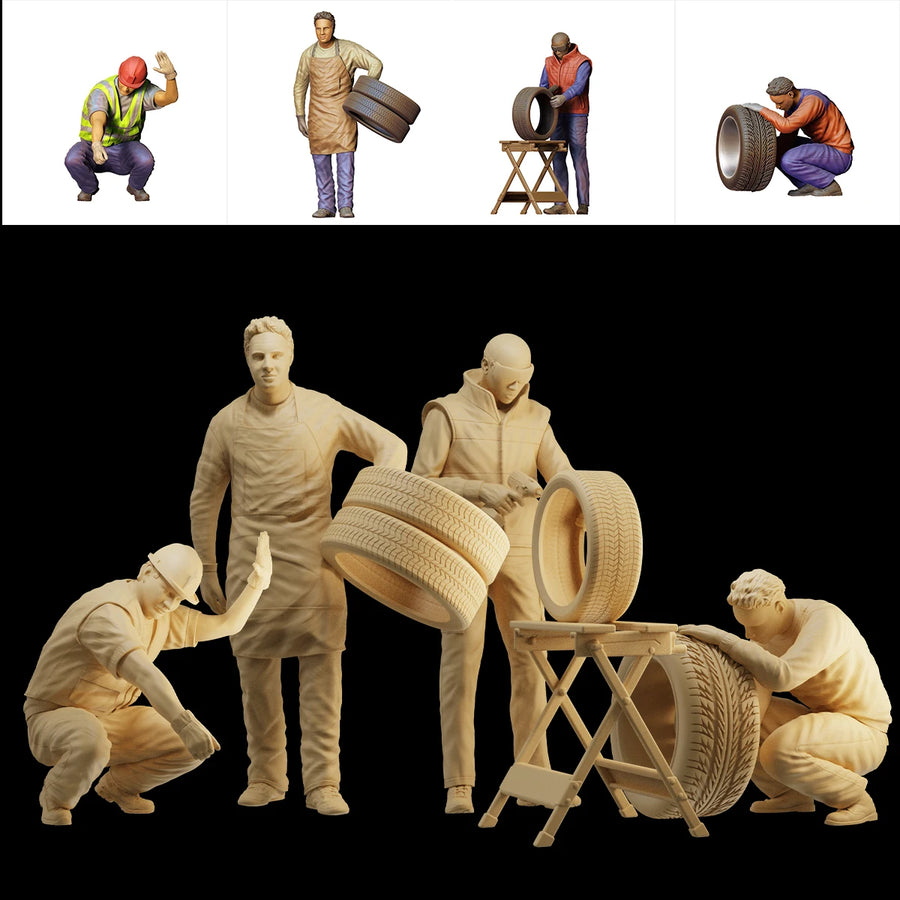3D Print 1/64 Tire Repairman Worker Figure Diorama Mini Doll Scene Creative Photography Props Figurine Model Display for Cars