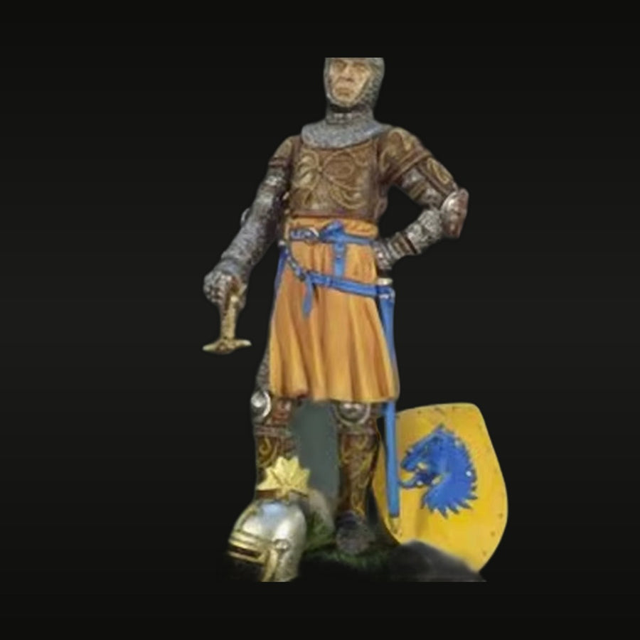 Medieval Knight with Blue & Gold Heraldry Sword 54mm Resin Figure - unpainted resin model kit