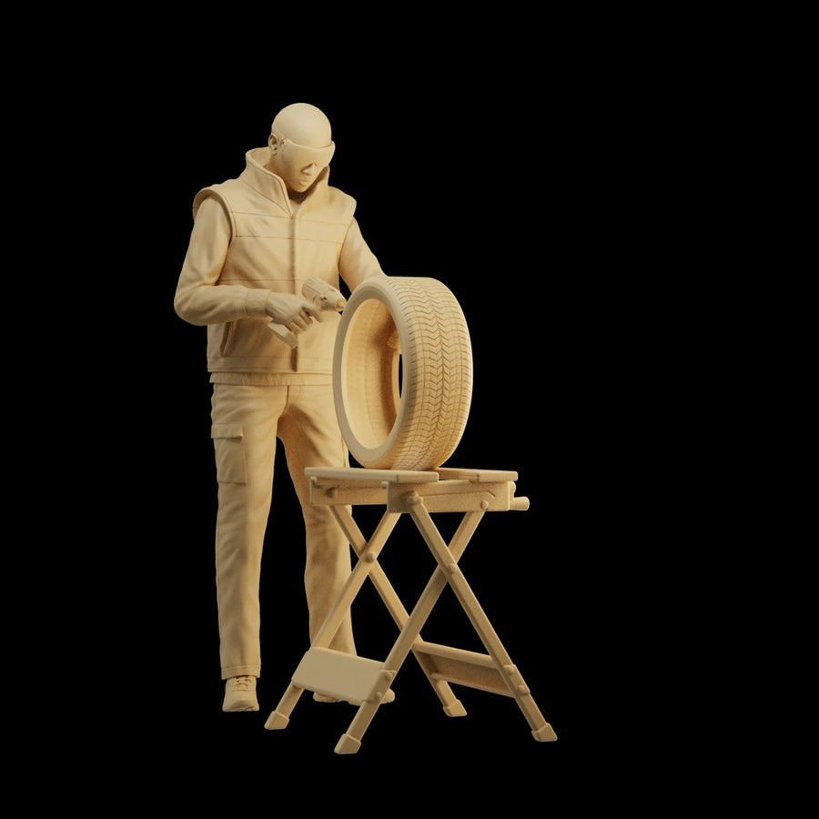 3D Print 1/64 Tire Repairman Worker Figure Diorama Mini Doll Scene Creative Photography Props Figurine Model Display for Cars