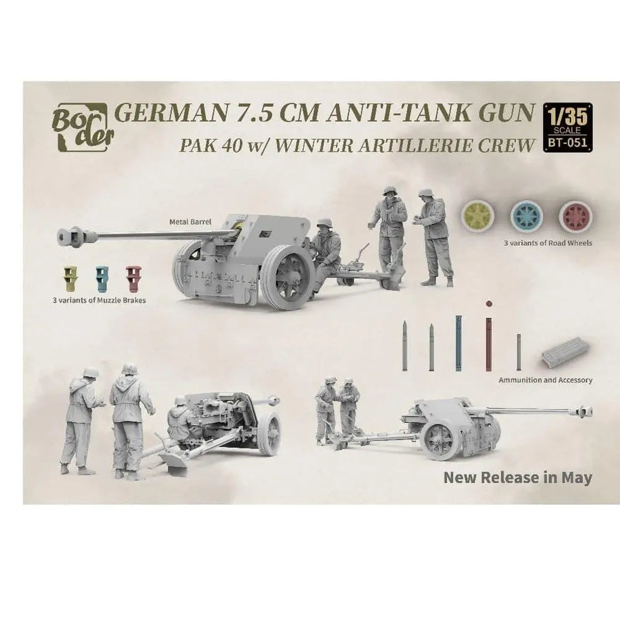 Border BT-051 1/35 Scale GERMAN 7.5Cm Pak 40 Anti-Tank Gun W/Winter Agrtillery Crew Model Kit