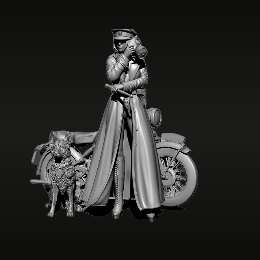 WWII Female Military Officer with German Shepherd & Motorcycle 1/35 Resin Kit - unpainted resin model kit