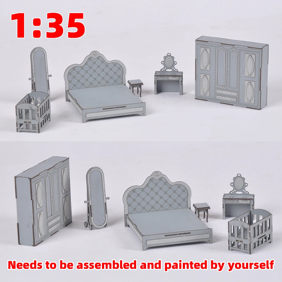 1/35 Scale Model Kit Bedroom Furniture Bed Crib Dressing Table Mirror Nightstand Wardrobe Cupboard Sand Table Diorama Models