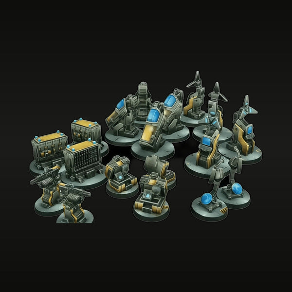 Sci-Fi Military Base Terrain Set Pre-Painted Turrets & Structures 28mm Resin
