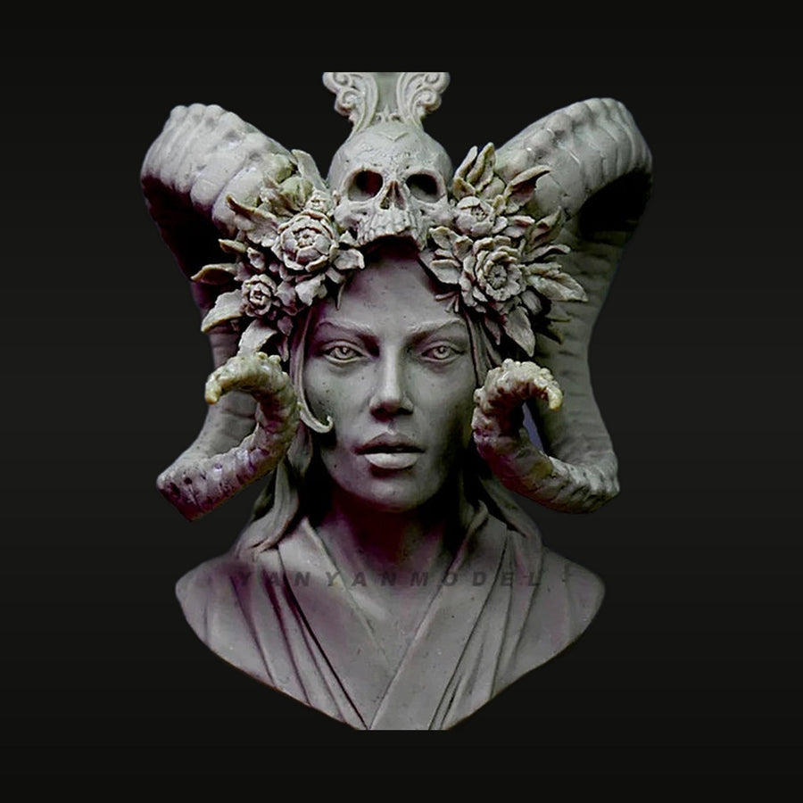 Fantasy Female Dark Priestess Ornate Skull Headdress 1/10 Resin Bust - unpainted resin model kit