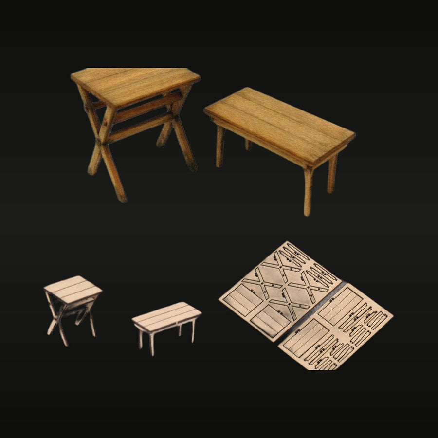 1/32 Wooden Camp Furniture Set with Stools Benches Table Resin Terrain Kit - unpainted resin model kit