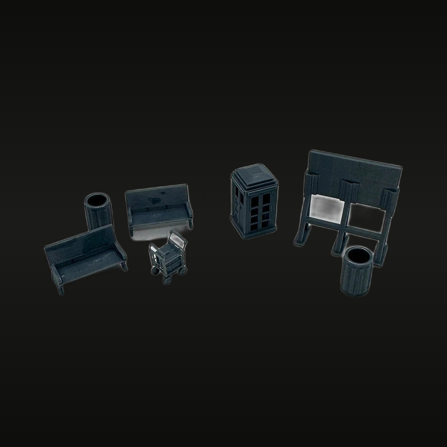 Train Station Diorama Accessory Set Phone Booth Shelter Benches Pram 1/220 Resin Kit - unpainted resin model kit