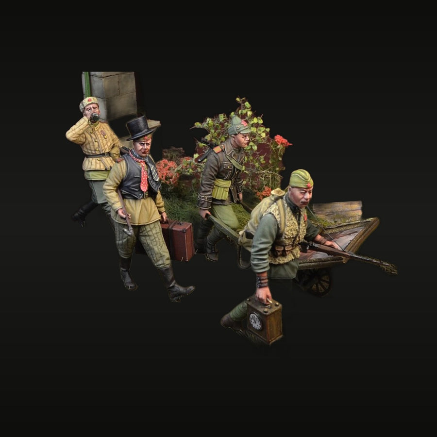 WWII Soviet Soldiers Looting with Civilian Figure and Wheelbarrow 1/35 Resin Diorama Set - unpainted resin model kit