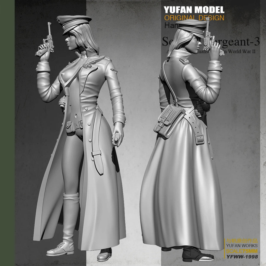 WWII German Female Officer in Long Coat with Grenades 75mm Resin Figure Kit - resin model view 2