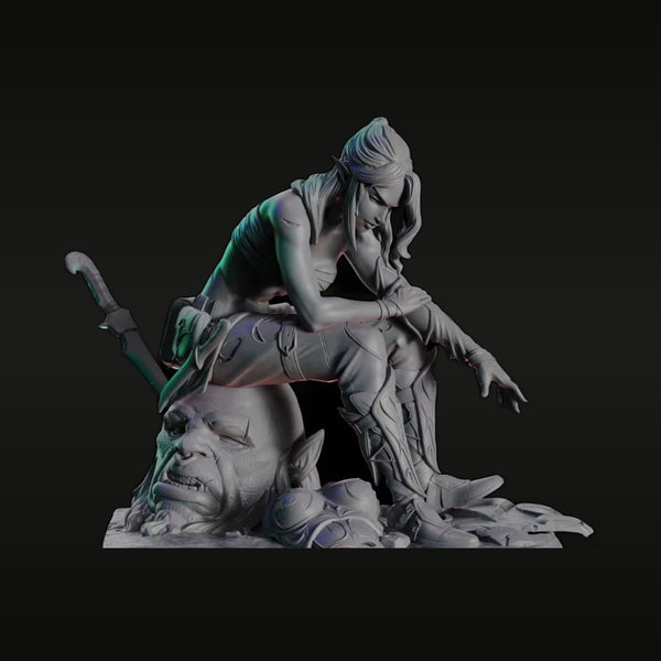Fantasy Female Elf Warrior with Katana Over Demon Head 1/24 Resin Diorama Kit