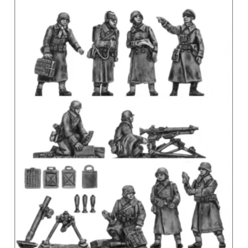 1/72 Scale Diecast Resin Figure Model Kit WWII German Greatcoat Officers and HMG & 8Cm Mortar 9 Figures Unpainted