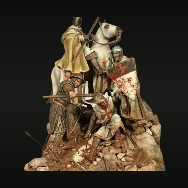 Medieval Crusader Diorama with Knight, Horse & 3 Soldiers 75mm Painted