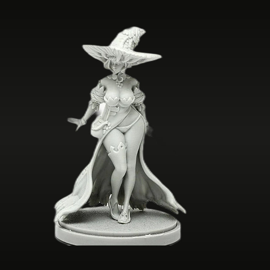 Fantasy Pinup Witch with Pointed Hat and Staff 28mm Resin Figure Kit - unpainted resin model kit