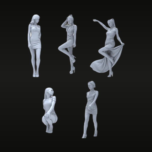 Modern Fashionable Woman Five Dynamic Poses 1/64 Resin Figure Set