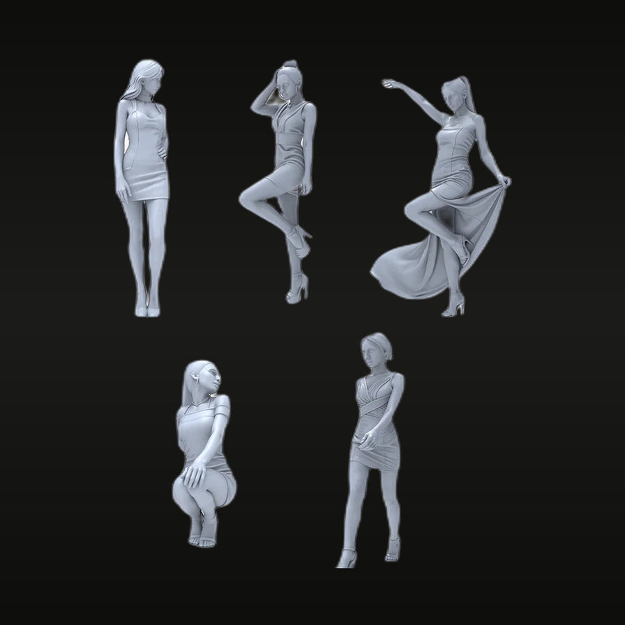 Modern Fashionable Woman Five Dynamic Poses 1/64 Resin Figure Set - unpainted resin model kit