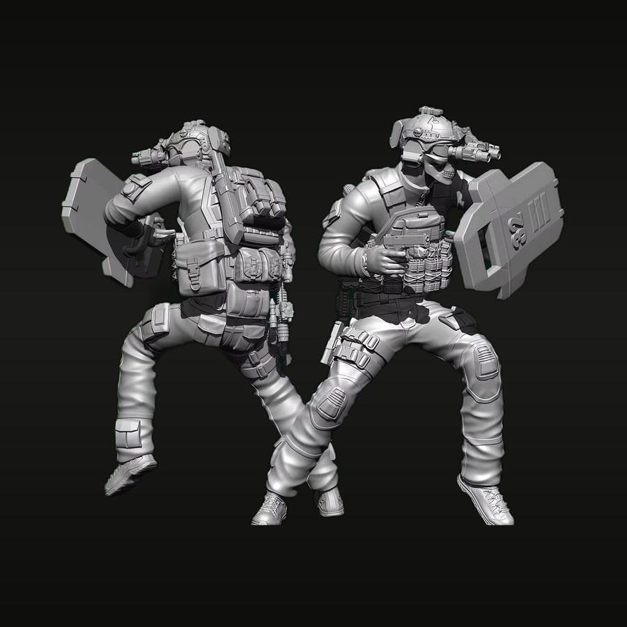 Modern US Soldier with Ballistic Shield 75mm Resin Figure Set (2) - unpainted resin model kit