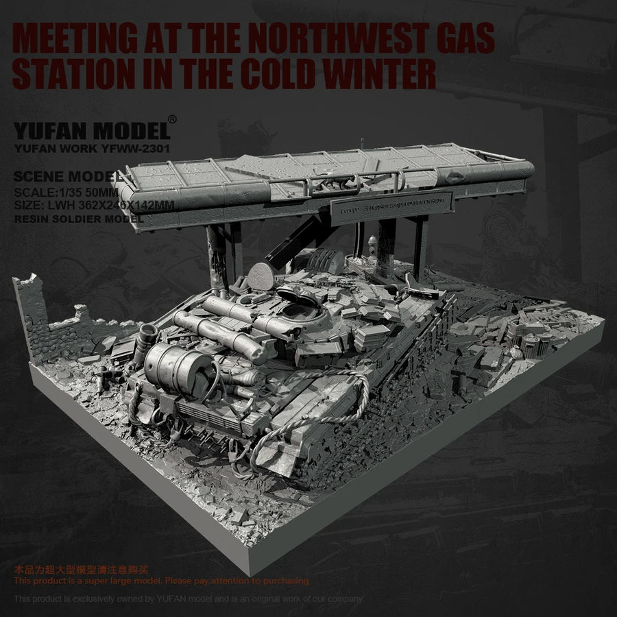 WWII Destroyed Gas Station Diorama with Damaged Tank 1/35 Resin Kit - resin model view 4