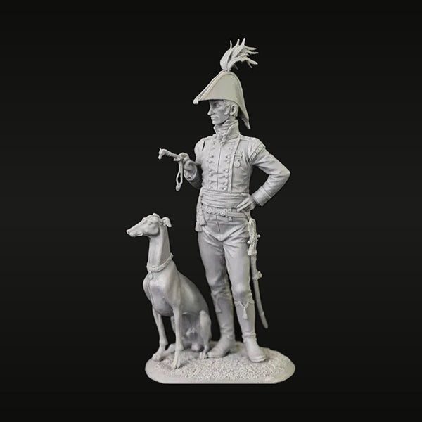 Napoleonic Officer with Plumed Bicorne Hat and Hound 75mm Resin Figure Kit