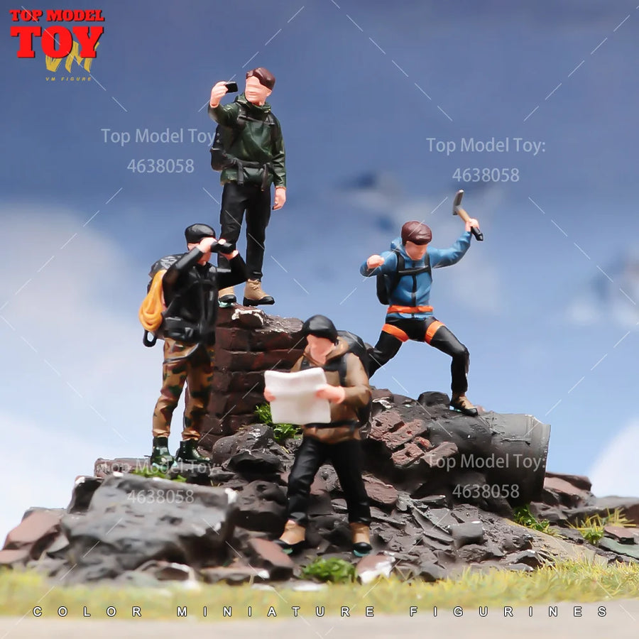 Painted Miniatures 1/64 Outdoor Hiking Rock Climbing Exploration Team Male Scene Figure Doll Unpainted Model for Car Vehicles