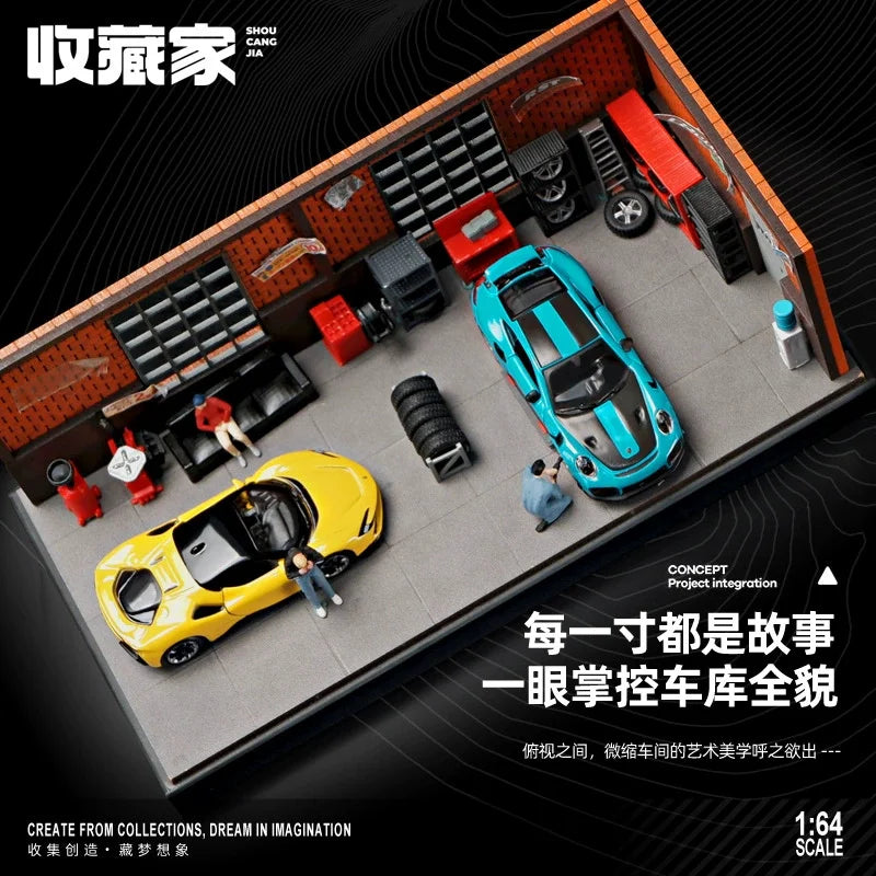 1/64 Simulated Repair Workshop Automobile Maintenance Scene Garage Parking Lot Miniature Figure for Car Model Decor
