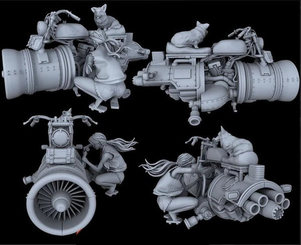Female Mechanic with Corgi and Jet-Powered Motorcycle Diorama Resin Kit