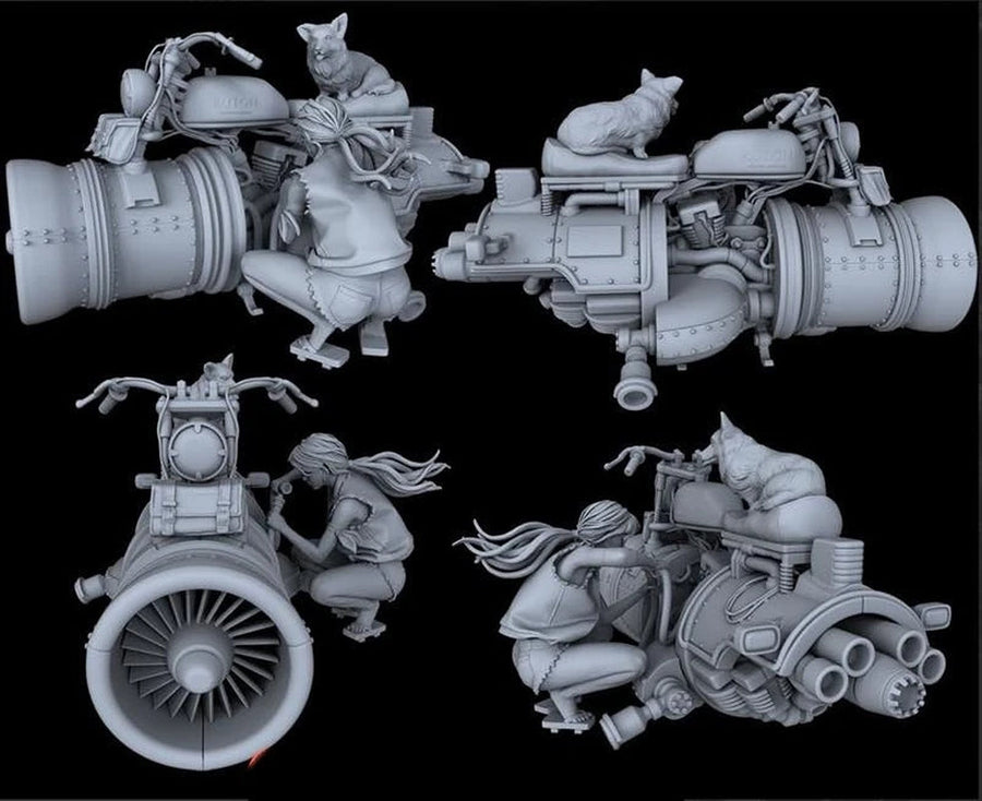 Female Mechanic with Corgi and Jet-Powered Motorcycle Diorama Resin Kit - unpainted resin model kit