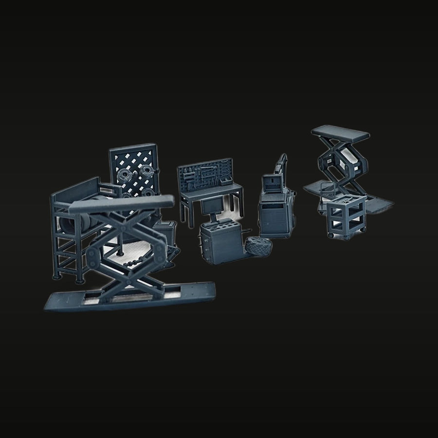 Workshop Diorama Accessory Set with Scissor Lift and Workbench 1/35 Resin Kit - unpainted resin model kit