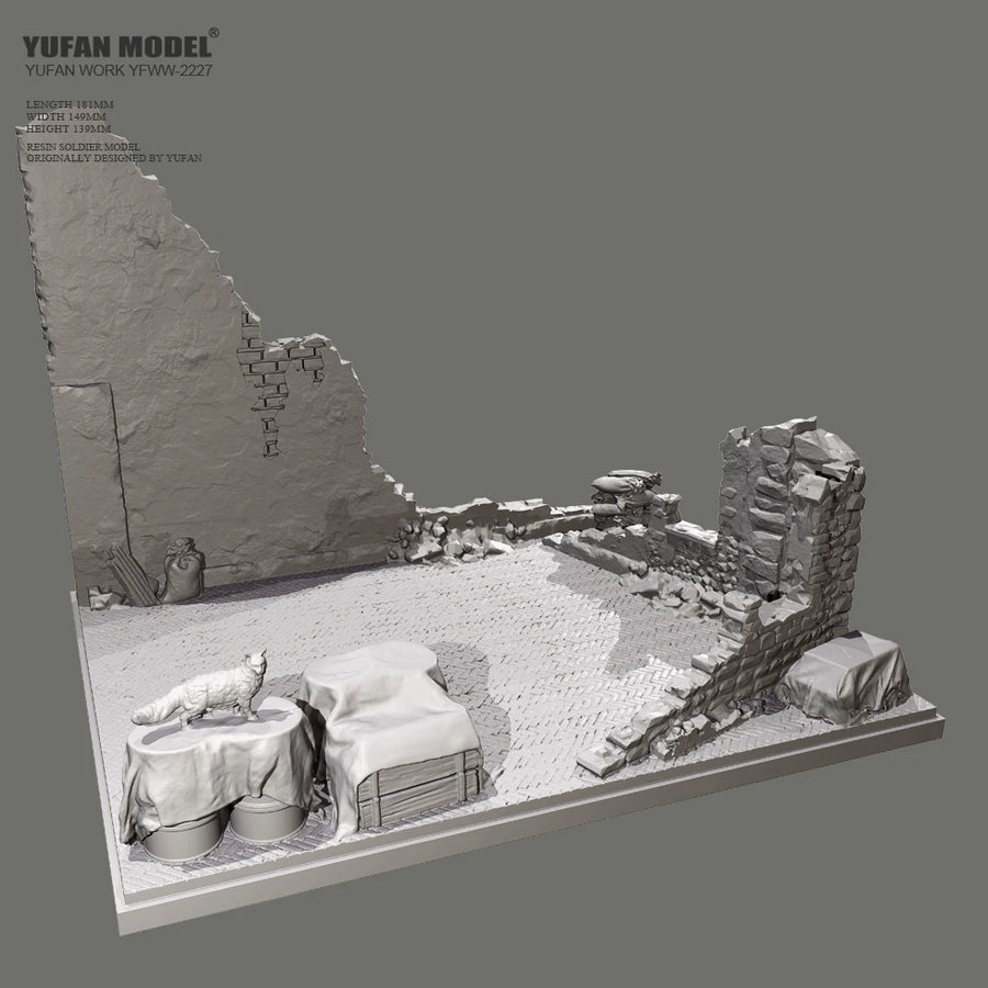 WWII Ruined Battlefield Diorama Base with Walls & Rubble 1/35 Resin Kit - resin model view 4