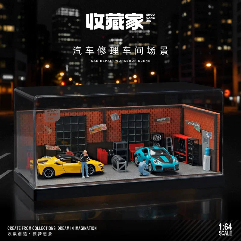1/64 Simulated Repair Workshop Automobile Maintenance Scene Garage Parking Lot Miniature Figure for Car Model Decor